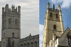 A comparison between the similar architectures of Chicago's Mitchell Tower on the left and Oxford's Magdalen Tower on the right.