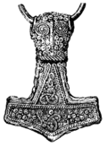 Drawing of a 4.6&nbsp;cm gold-plated silver Mjölnir pendant found at Bredsätra on Öland, Sweden