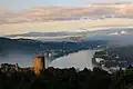 View from Mont Salomon with the Pilat massif in the background (Sainte-Colombe on the right, Vienne (south) on the right, the medieval castle in the foreground)