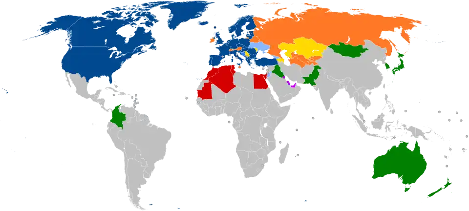 A world map with countries in blue, cyan, orange, yellow, purple, and green, based on their NATO affiliation.