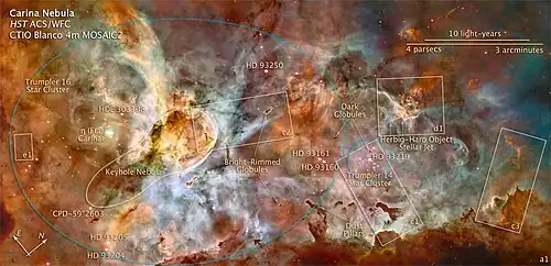 A 50&nbsp;light-year wide nebula containing star clusters, dust pillars, Herbig-Haro object stellar jets, bright rimmed globules and the Keyhole Nebula