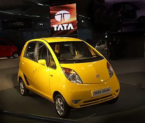 Shown here is the Tata Nano, the world's least expensive car.[177] The Tata Nano was manufactured in Sanand, Gujarat.