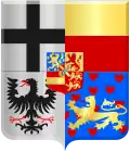 Arms of William VI of Orange as prince of Orange-Nassau-Fulda. The bottom most shield shows clockwise from top left the principality of Fulda, the lordship of Corvey, the county of Weingarten, and the lordship of Dortmund.[54]