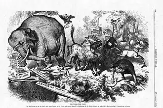 An 1874 cartoon by Thomas Nast, featuring the first notable appearance of the Republican elephant[82]