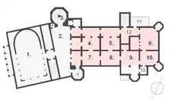 Floor plan of third floor, position of fourth-floor Hall of the Singers marked in red