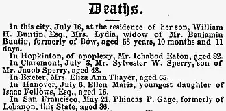 A newspaper article listing the death of Gage