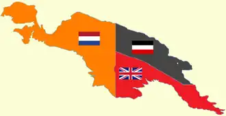 Flag map showing New Guinea divided between the Netherlands (west), Germany (northeast), and the United Kingdom (southeast)