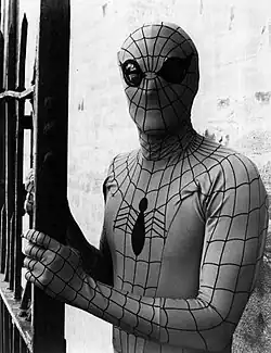 Publicity shot of Nicholas Hammond in costume as Spider-Man for The Amazing Spider-Man