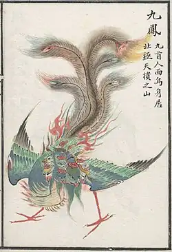 Classic of Mountains and Seas illustration of a nine-headed fenghuang (colored Qing Dynasty edition)