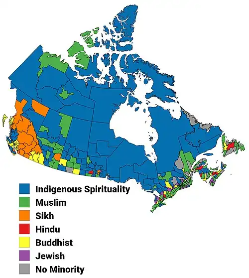 Largest non-Christian religion in Canada by census division, 2011 census
