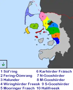 North Frisian map of the North Frisian dialects (1-Sylt, 2a-Föhr, 2b-Amrum)