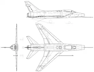 3-view line drawing of the North American F-100 Super Sabre