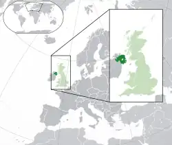 Location of&nbsp;Northern Ireland&nbsp;(dark green) –&nbsp;in Europe&nbsp;(green &&nbsp;dark grey) –&nbsp;in the United Kingdom&nbsp;(green)