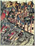 The Golden Horde raids Kozelsk, miniature from the Illustrated Chronicle of Ivan the Terrible