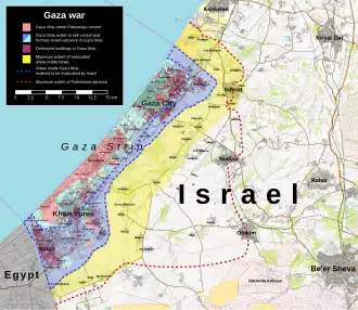 Map of the Gaza Strip and part of Israel. The part of Israel surrounding the Strip is marked as evacuated. Some parts of the Strip is marked as under Israeli control, and the remainder is marked as under Hamas control.