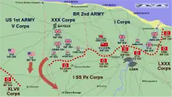 A map of the area around Caen showing the progress made by Allied forces between D-Day and 12 June, as described in the text