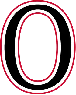 Large black 'O' in front of red and black horizontal stripes