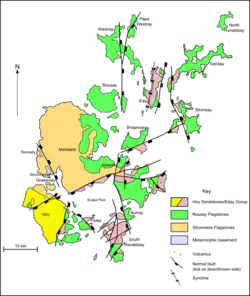 A map of the geology of Orkney. Hoy to the southwest is predominantly formed from Hoy/Eday Sandstones. The Mainland at centre is largely Stromness flagstones with Rousay flagstones to the east. The North and South Isles are a mixture of Eday and Rousay sandstones.