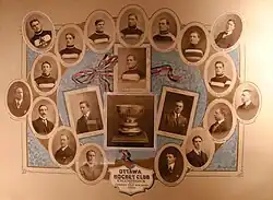 A montage of photographs of the hockey players and team executives surrounding a photograph of the Stanley Cup trophy, with a caption below of "Ottawa Hockey Club, Champions and Stanley Cup holders 1909"