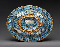 Renaissance oval basin or dish with subject from Amadis of Gaul; c. 1559–1564; maiolica; overall: 6 × 67.3 × 52.4&nbsp;cm; Metropolitan Museum of Art (New York City)