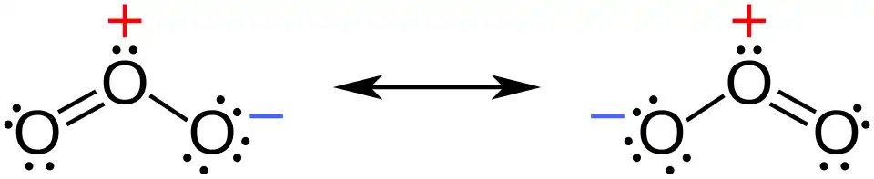 Resonance structures of ozone with lone pairs indicated