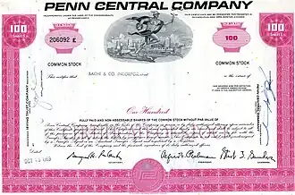 Pink-colored, 100 share stock certificate of Penn Central Company