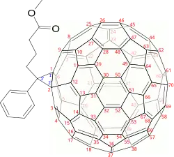 C 71-PCBM, [1,2]-isomer. IUPAC name is methyl 4-(3'-phenyl-3'H-cyclopropa[1,2](C 70-D5h(6))[5,6]fullerene-3'-yl)butyrate.
