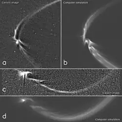 Comparison of Saturn's E Ring tendrils between Cassini photos and computer simulations.