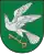 A coat of arms depicting a grey bird with a golden eye and wings outstretched holding a golden key all on a green background