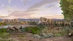 Painting of animals around a lake