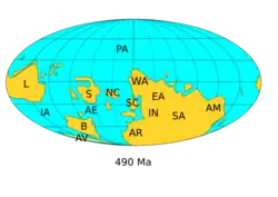 Paleogeography of Earth in the late Cambrian, around 490 Ma