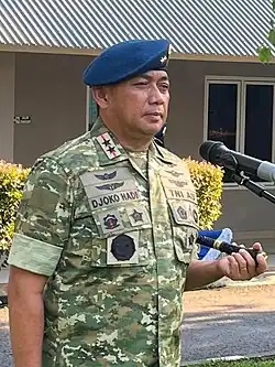 Commander of the Air Force Operational Command wearing "Sage Green camo pattern" or "Loreng Trimatra" field uniform