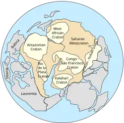 Pannotia, 545&nbsp;Ma (disputed[clarification needed]), centered on South Pole