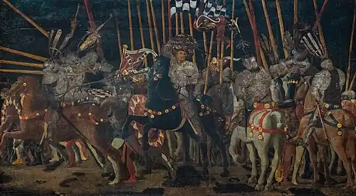 The Counterattack of Michelotto da Cotignola at the Battle of San Romano (c. 1455), wood panel, 182 × 317&nbsp;cm, Musée du Louvre, Paris