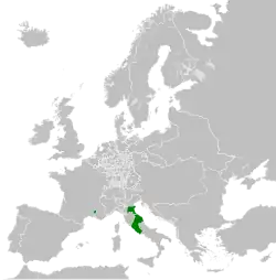 Map of the Papal States (green) at their greatest extent in 1789, including its exclaves of Benevento and Pontecorvo in southern Italy, and the Comtat Venaissin and Avignon in southern France