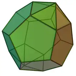 A parabiaugmented dodecahedron is a Johnson solid with 10 triangles and 10 pentagons. The number and kinds of faces is the same as a metabiaugmented dodecahedron. The difference between these two is the construction, attaching a pentagonal pyramid to the face of a regular dodecahedron differently.