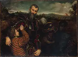 An oil painting depicts a partially-armoured man who is assisted by two boys, one of whom is tying on some armour onto his arm while the other holds his helmet. A group of soldiers are amassed in the background.