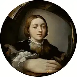 Parmigianino, Self-portrait in a mirror c. 1524, is itself painted on a convex surface, like that of the mirrors of the period