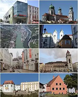 Clockwise from top: Stadtgalerie; St. Stephen's Cathedral; Heiligkreuz Church; Old Town Hall; Römermuseum; Veste Oberhaus; Old Town; View of Passau