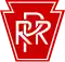 White letters "PRR" on keystone-shaped, red background