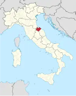 Map highlighting the location of the province of Pesaro e Urbino in Italy