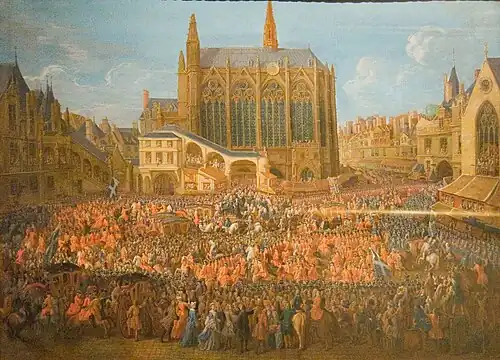 Louis XV departs a ceremony at the Palace, with the Sainte-Chapelle behind (1715)