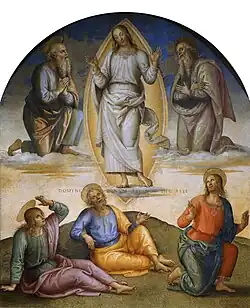 Peter (sitting in the centre) along with John and his brother James, son of Zebedee (sitting L-R) at the Transfiguration of Jesus