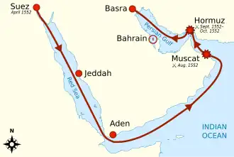 Map of the voyage from Suez to Basra; full details at the link and in this section