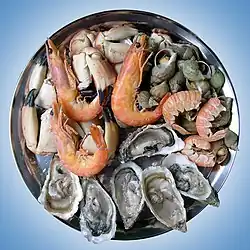 A seafood platter composed of shrimp, oyster, snail and crab.