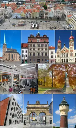 From top: Náměstí Republiky; Cathedral of St. Bartholomew; City Hall, Great Synagogue; Techmania Science Center; Lochotín park, New Theatre; Prazdroj brewery gate; and brewery water tower