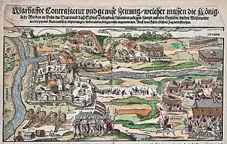 Coloured illustration. The city, central is being attacked by a group of knights and cannon from the east, and large numbers of foot soldiers from the north. Some citizens appear to be surrendering to the foot soldiers.