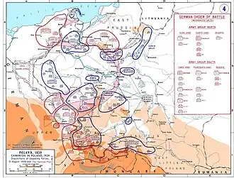 Map showing the dispositions of the opposing forces on 31 August 1939, with the German plan of attack overlaid in pink.