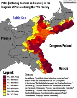 Poles in the Kingdom of Prussia in the 19th century: &nbsp;&nbsp;90–100% Polish &nbsp;&nbsp;80–90% Polish &nbsp;&nbsp;70–80% Polish &nbsp;&nbsp;60–70% Polish &nbsp;&nbsp;50–60% Polish &nbsp;&nbsp;20–50% Polish &nbsp;&nbsp;5–20% Polish