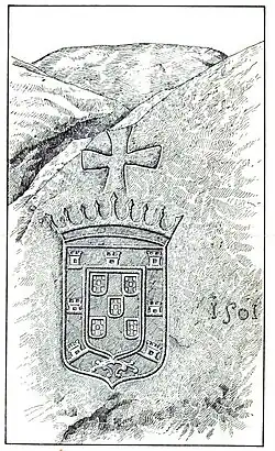 Lithograph of the Portuguese coat of arms carved on a boulder in Sri Lanka.